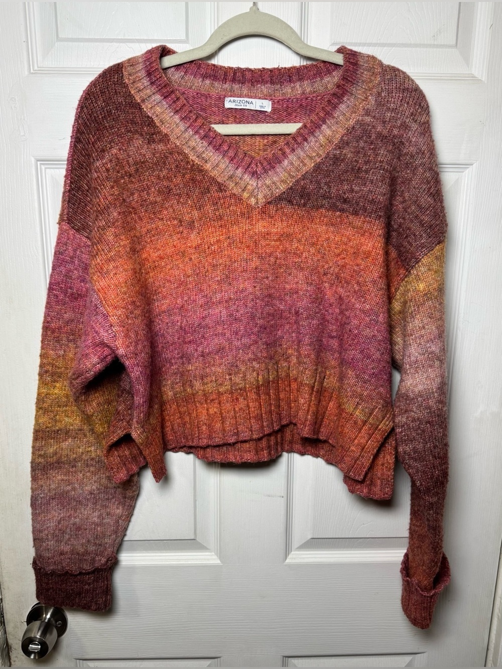 Arizona Jean Co. Ombré Warm Sunset Cropped Knit Sweater Women’s Large Wool Blend